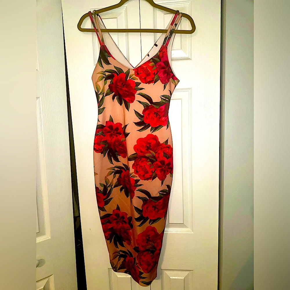 Strappy Tropical Floral Fitted Midi Body-con Dress Knee-Length Size Womens Small